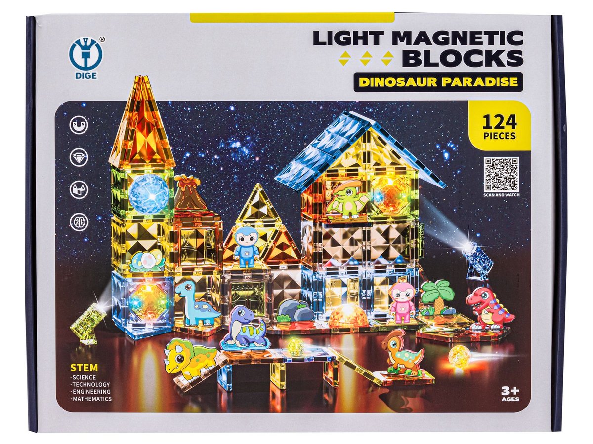 KLOCKI MAGNETYCZNE ŚWIECĄCE PARK DINOZAURÓW