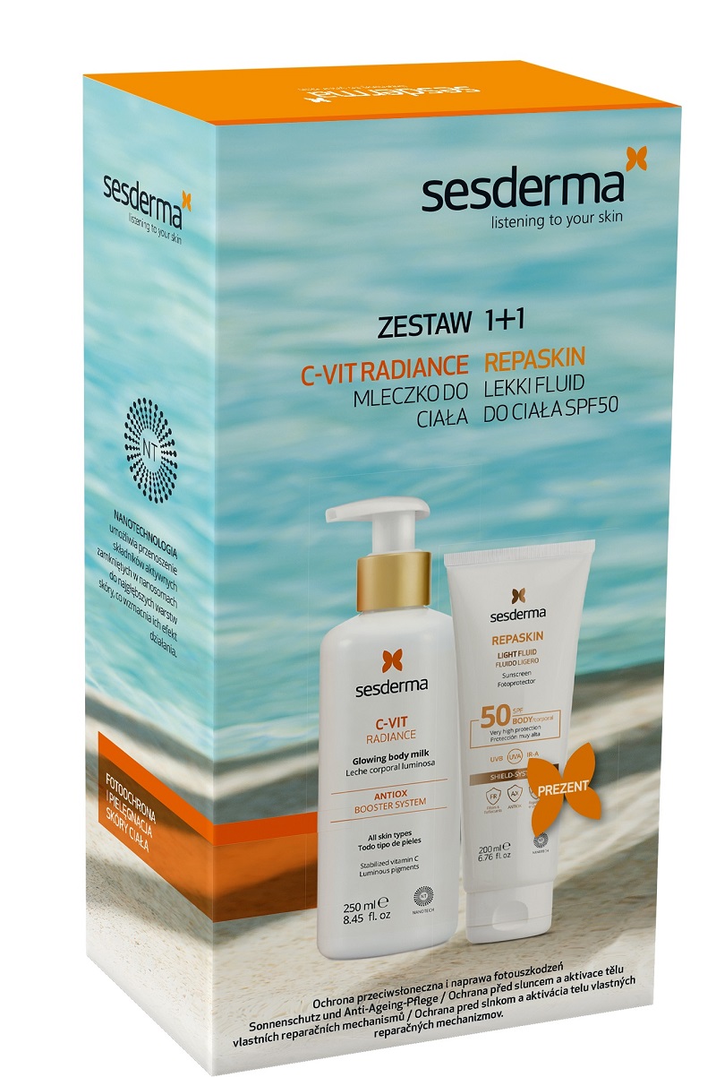 Sesderma Zestaw Dermokosmetyków, C-Vit Radiance Mleczko + Repaskin Light Fluid SPF50
