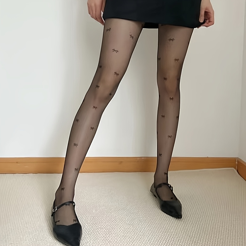 TEMU 1 Para Damskich Seksownych, Przezroczystych Rajstop, Z Motywem Kokardki, 85% Poliamidu I 15% Spandexu, Dzianiny, Geometrycznego Wzoru,