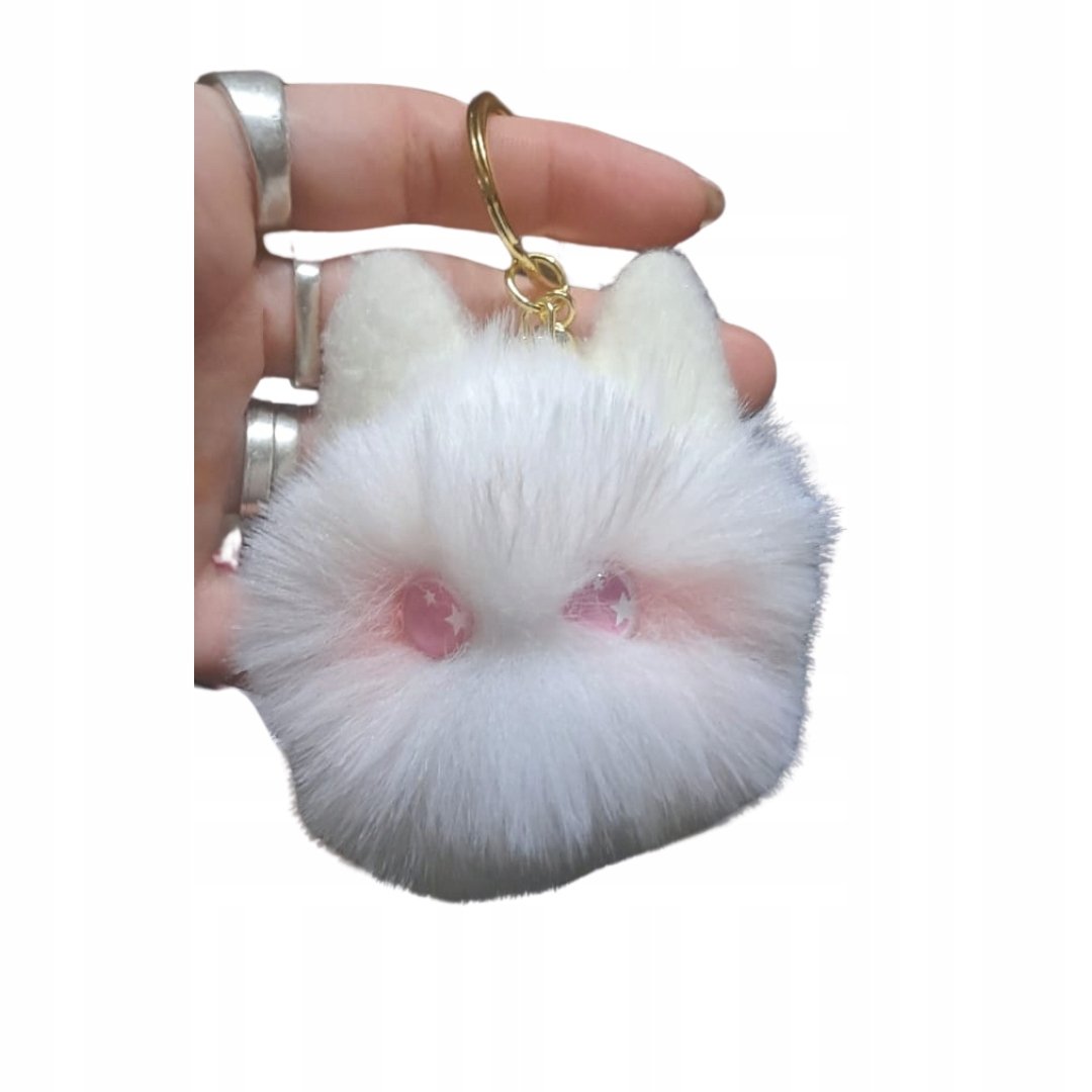 Puszysty Brelok Biały Kot z różowymi Oczami