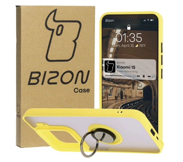 Bizon z uchwytem na palec Hybrid Ring do Xiaomi 15 Przydymione z żółtą ramką