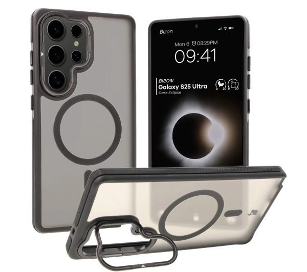 Bizon Etui z podstawką i pierścieniem magnetycznym Case Eclipse do Galaxy S25 Ultra, przydymione z czarną ramką