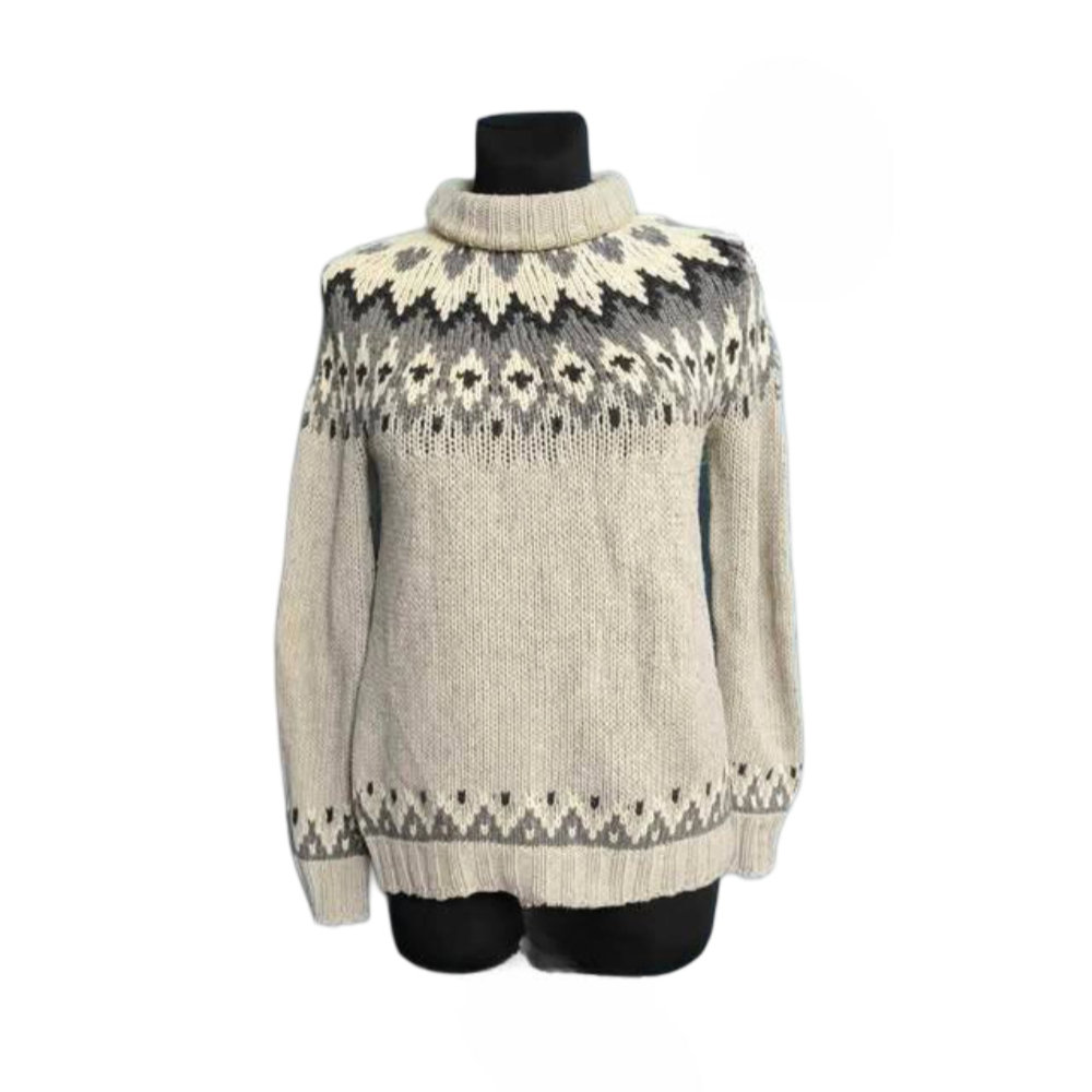 Massimo Dutti Damski Sweter z Golfem w Krate Wełna z Alpaki Biały S