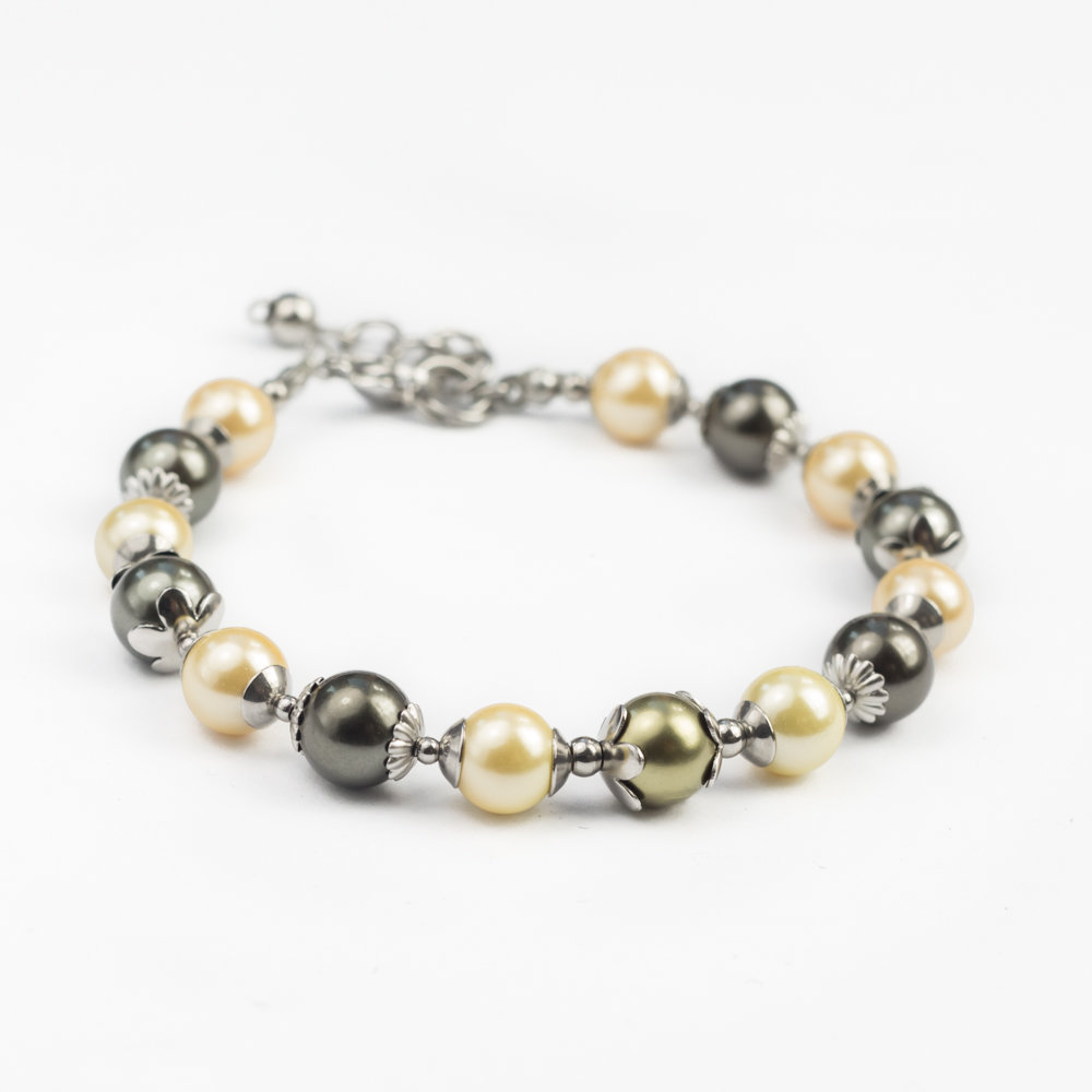 Bransoletka perły muszla seashell, stal chururgiczna / JG. Projekt