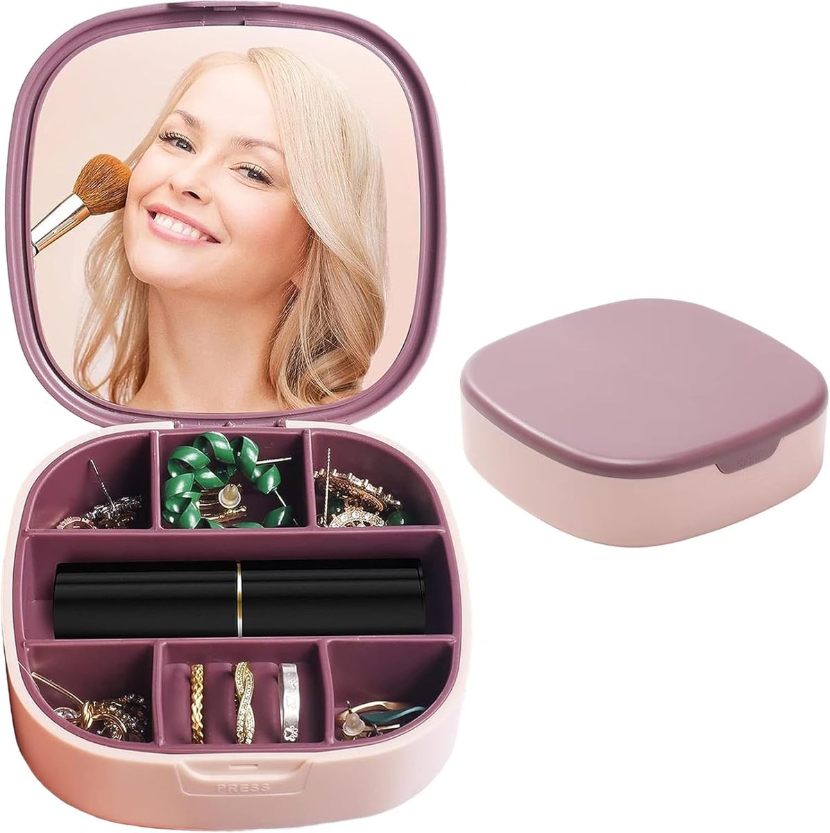 Mała Przenośna Szkatułka Na Biżuterię Z Lusterkiem Różowa 10Cm X 10Cm