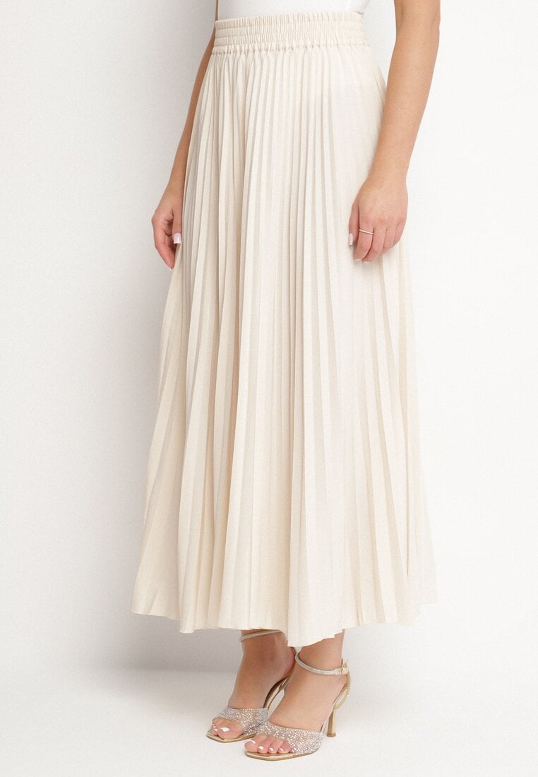 Jasnobeżowa Spódnica Plisowana o Rozkloszowanym Kroju z Gumką w Talii Sarlimi