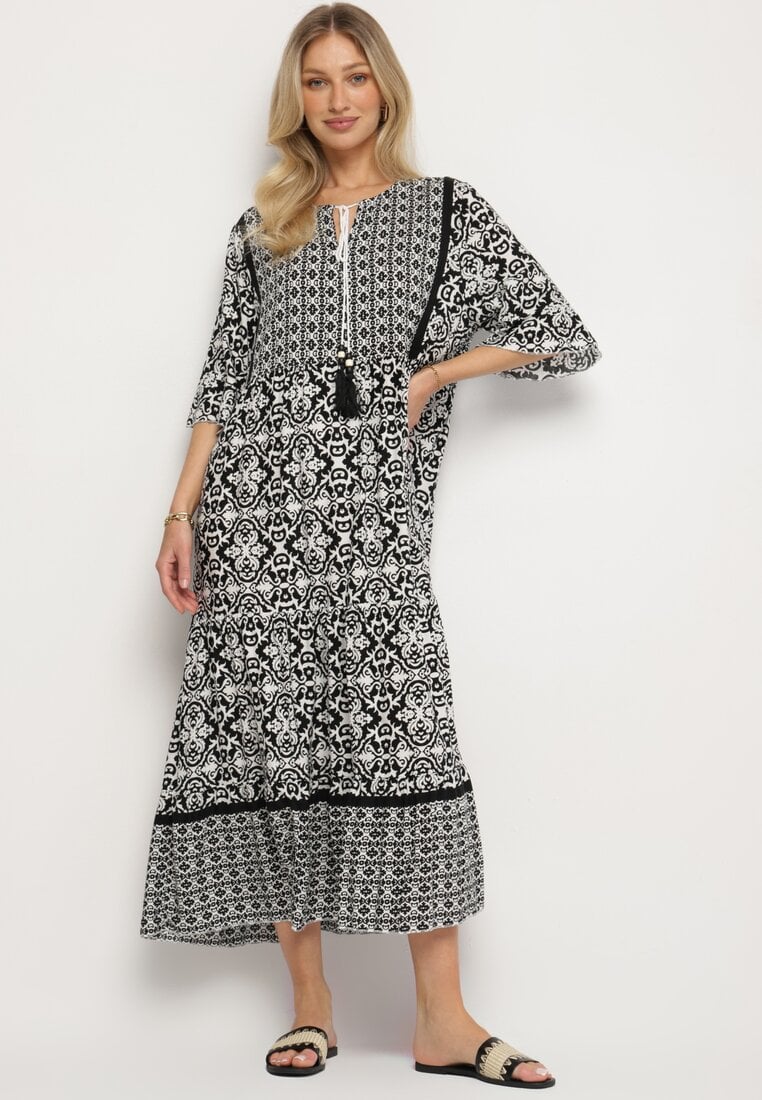 Czarna Bawełniana Sukienka w Stylu Boho z Wiązaniem Przy Dekolcie Orradelle