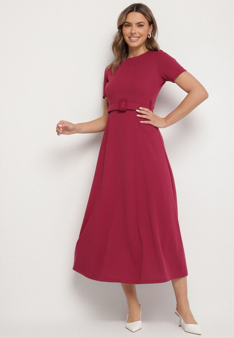 Bordowa Rozkloszowana Sukienka Ozdobiona Paskiem Desianna