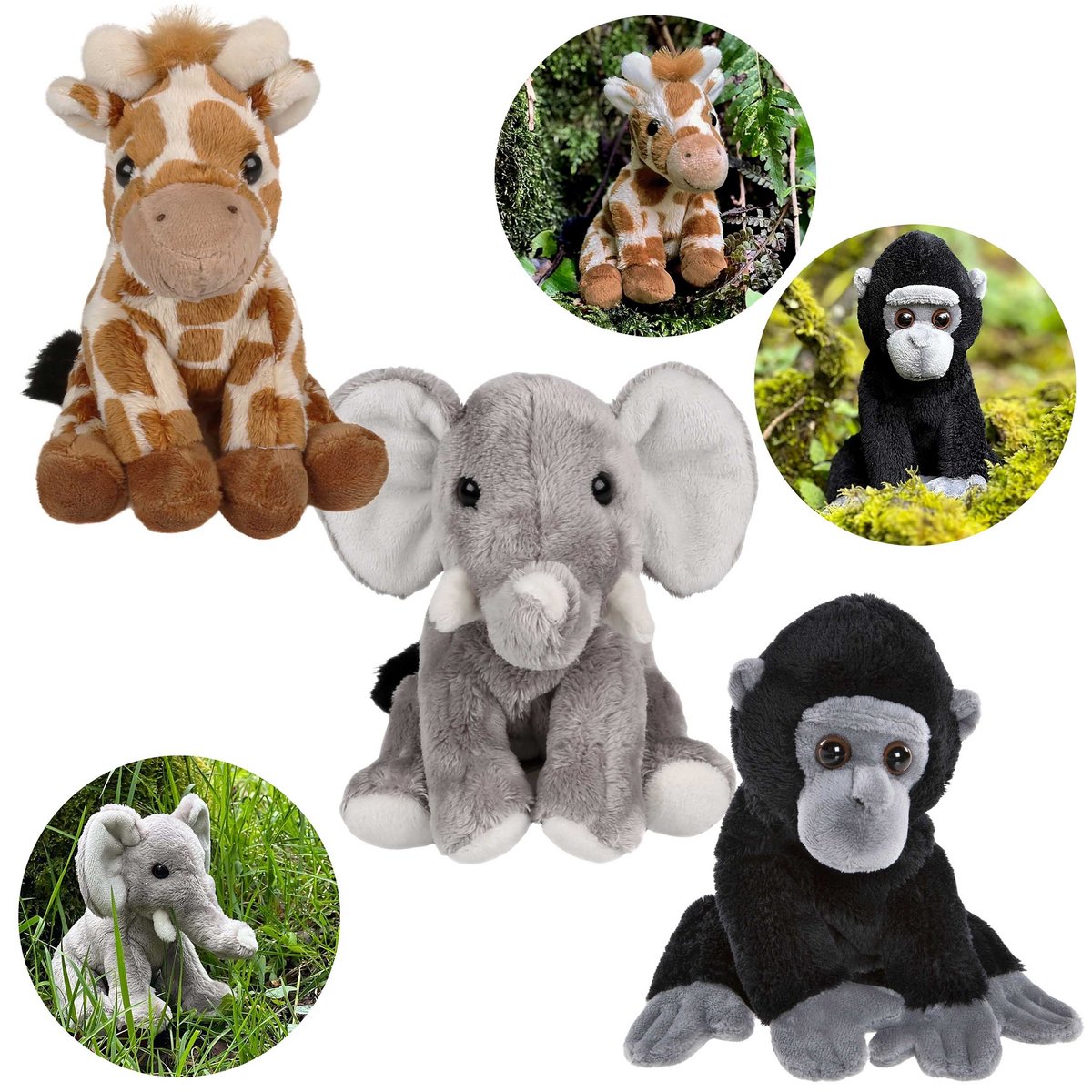 Charlie Bears Zestaw trzech maskotek z serii Cuddle Cubs: żyrafa, słoń, goryl - pluszaki idealne dla niemowląt, 13 cm