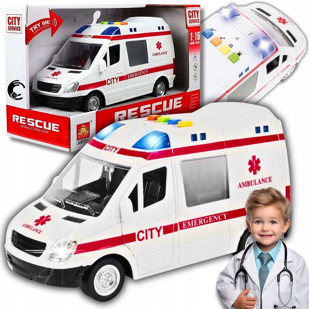 Auto Karetka Pogotowia Ambulans Zabawka Buś Dźwięki Prezent dla Dziecka