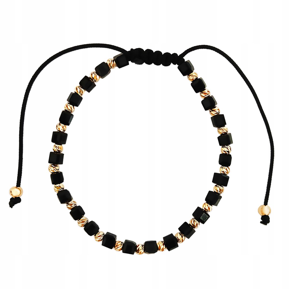 Złota bransoletka 585 czarny na sznurku diamentowane kuleczki i kwadraciki