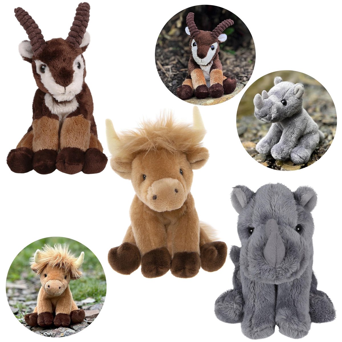 Charlie Bears Zestaw trzech maskotek z serii Cuddle Cubs: koza górska, krowa, nosorożec - pluszaki idealne dla niemowląt, 13 cm