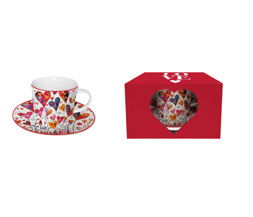 Komplet filiżanka spodek kolorowe serca walentynki