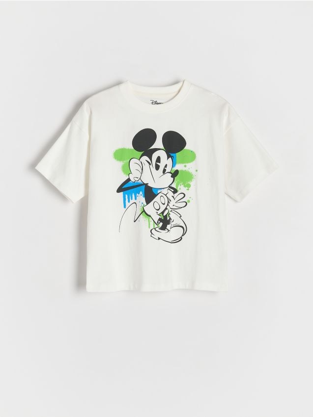 Reserved - Bawełniany t-shirt Mickey Mouse - złamana biel