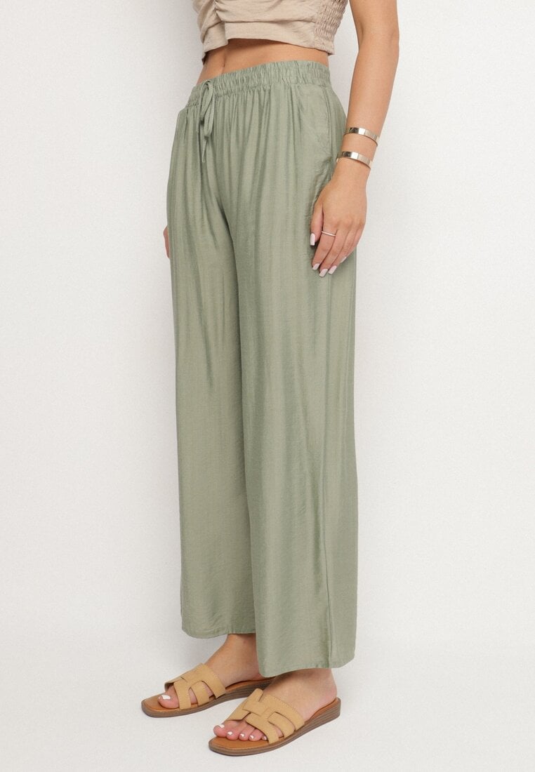 Jasnozielone Wiskozowe Szerokie Spodnie z Wysokim Stanem Divola