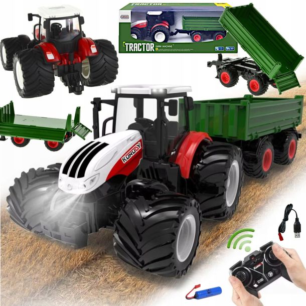 Duży Traktor Zdalnie Sterowany Ciągnik Z Przyczepą Rc Pilot Farma Prezent