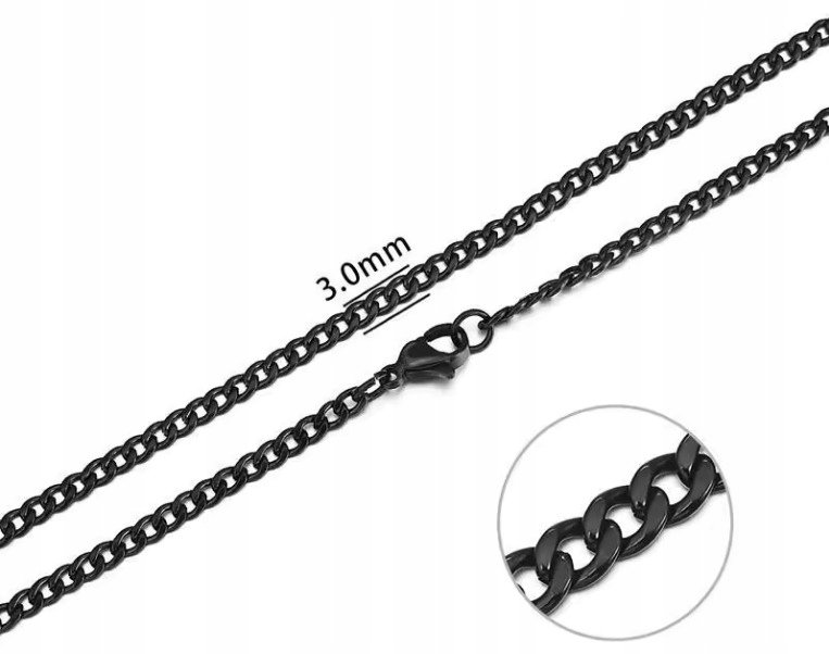Czarny Łańcuszek Naszyjnik Kubański 3 mm Długość 60 cm Pancerka Ze Stali