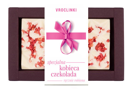 Czekolada biała z truskawkami - Dzień Kobiet różowa wstążka