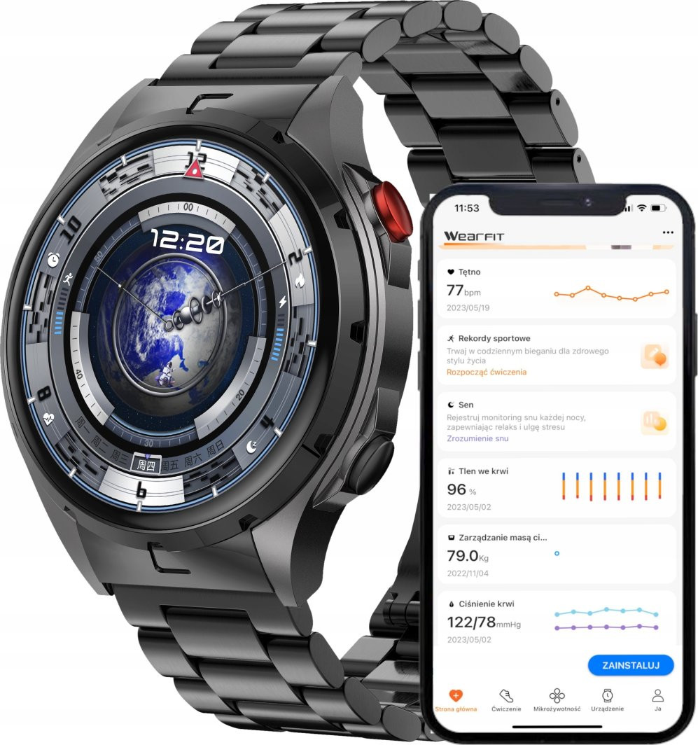 Wenom Męski Zegarek AMOLED Czarny Tętno Ciśnienie Smart Watch Sport