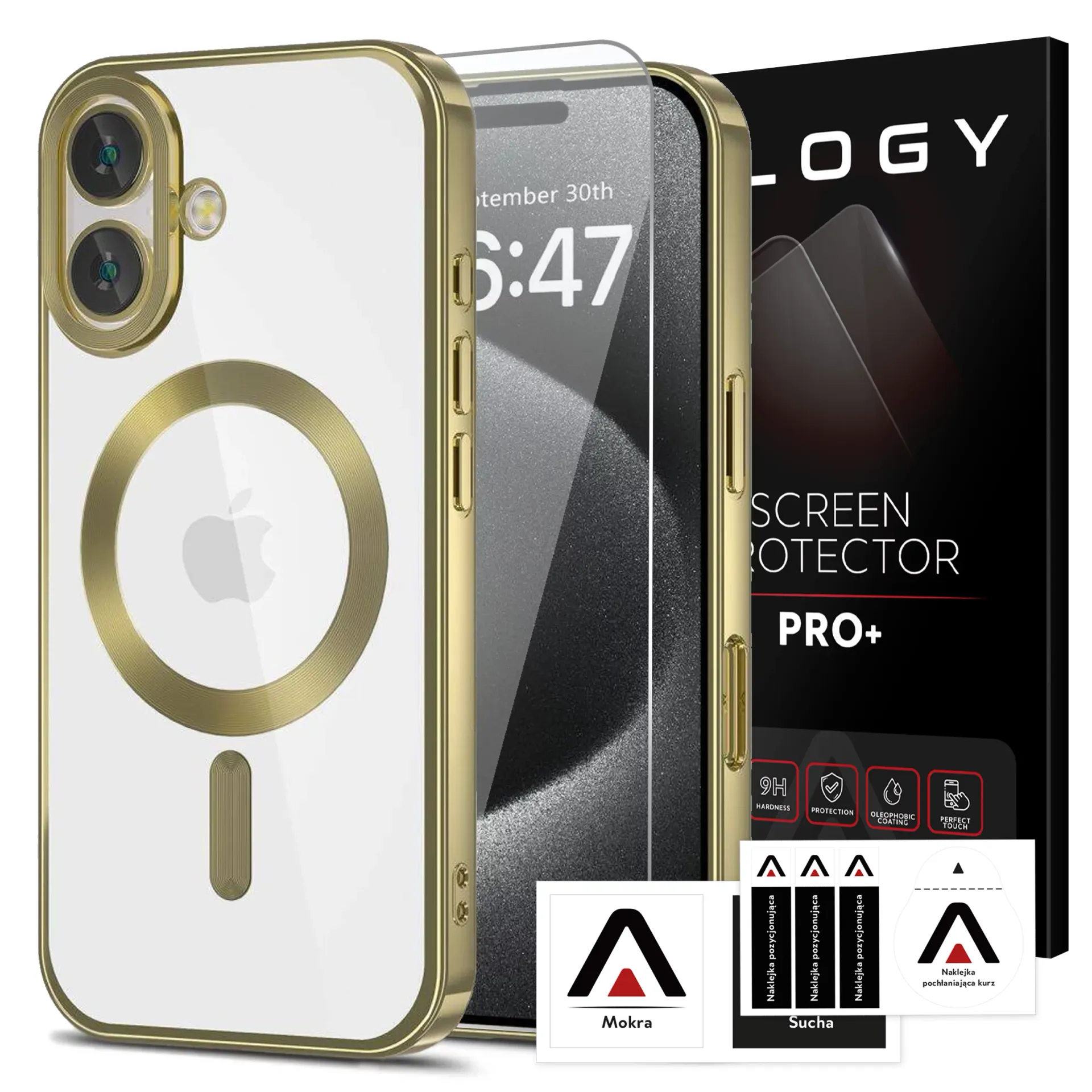 Etui Case MagSafe Case do iPhone 16 Plus Glamour Luxury obudowa Slim Ring Alogy złote przezroczyste + szkło hartowane