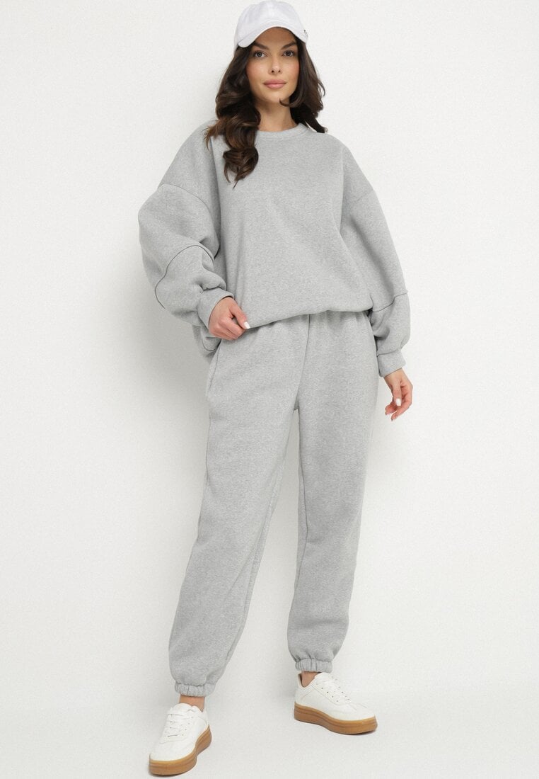 Szary Komplet Dresowy Bluza i Joggery Podszyte Polarem Zibea