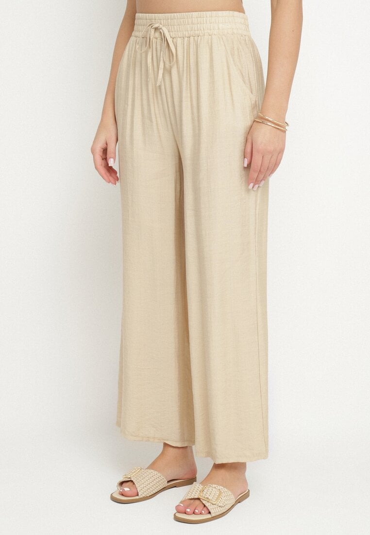 Beżowe Szerokie Spodnie Palazzo z Wysokim Stanem i Wiązaniem Myrlevia