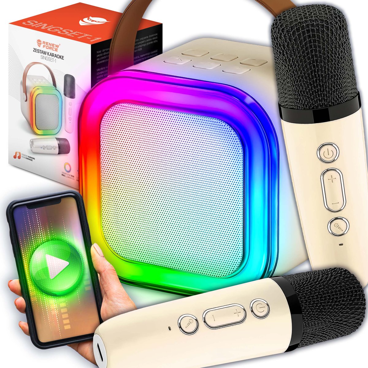 RENEW FORCE Zestaw Karaoke Mikrofon Karaoke Głośnik Bluetooth RGB Dwa Mikrofony USB 2 SINGSET-1-WHITE