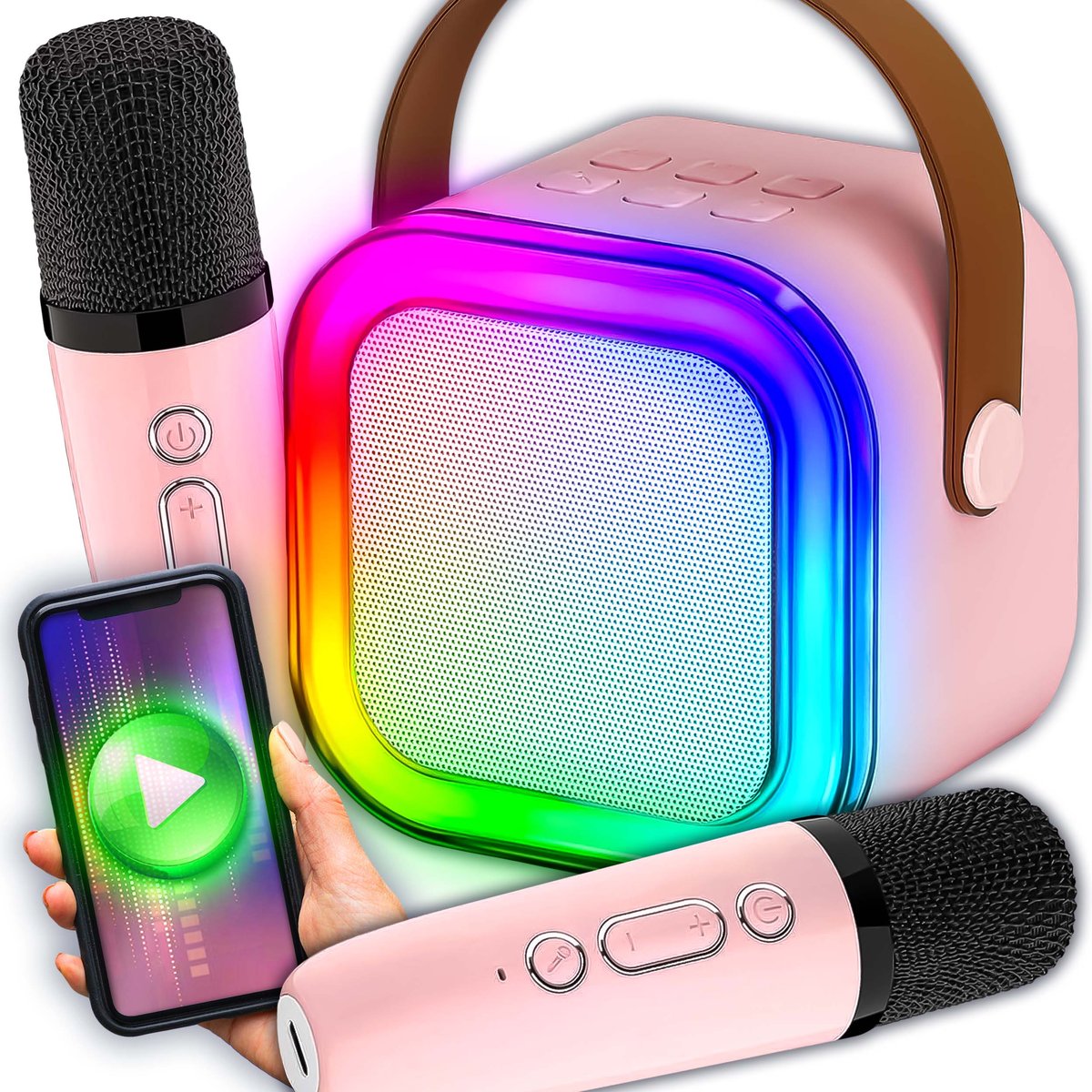 RENEW FORCE ZESTAW KARAOKE PRZENOŚNY MIKROFON GŁOŚNIK BLUETOOTH RGB DWA MIKROFONY USB 2 SINGSET-1-PINK