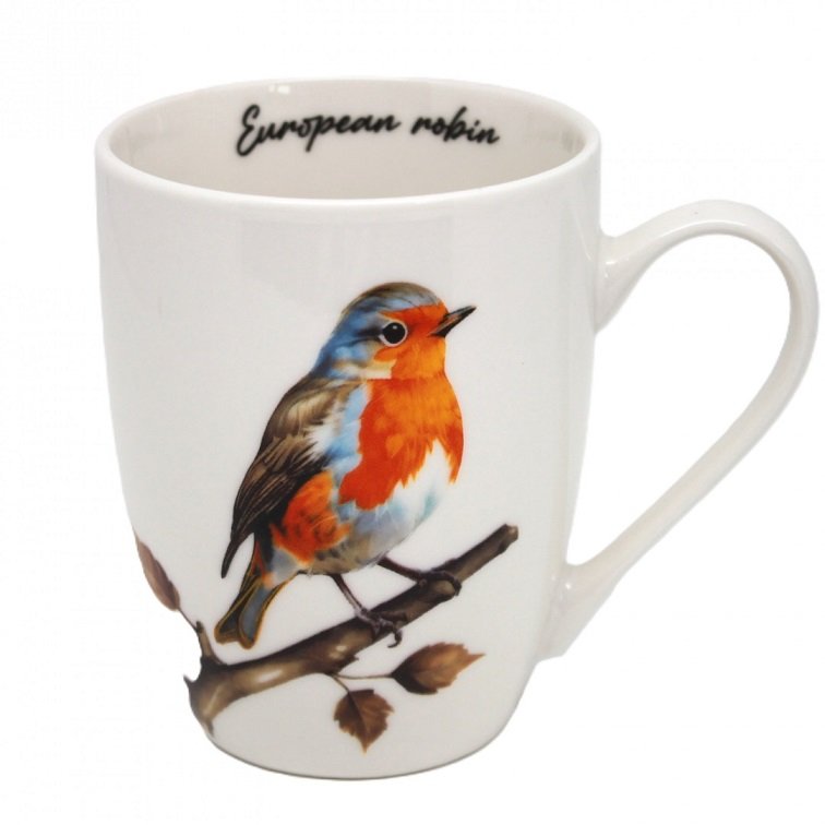 Kubek w koszyczku porcelana elegancki Ptak Rudzik 350 ml