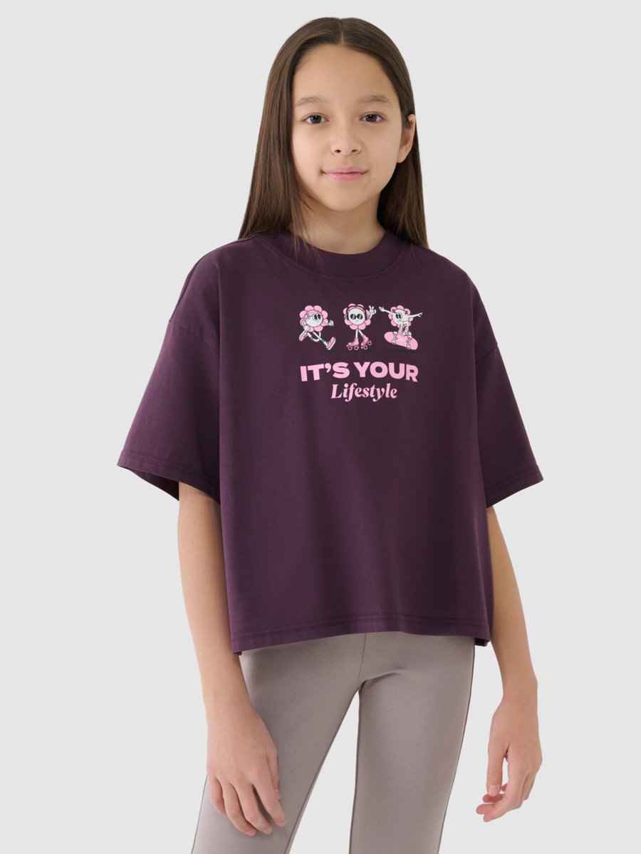 4F Crop top oversize z nadrukiem dziewczęcy 4FJRSS25TTSHF2587-50S Fioletowy Roz. 140