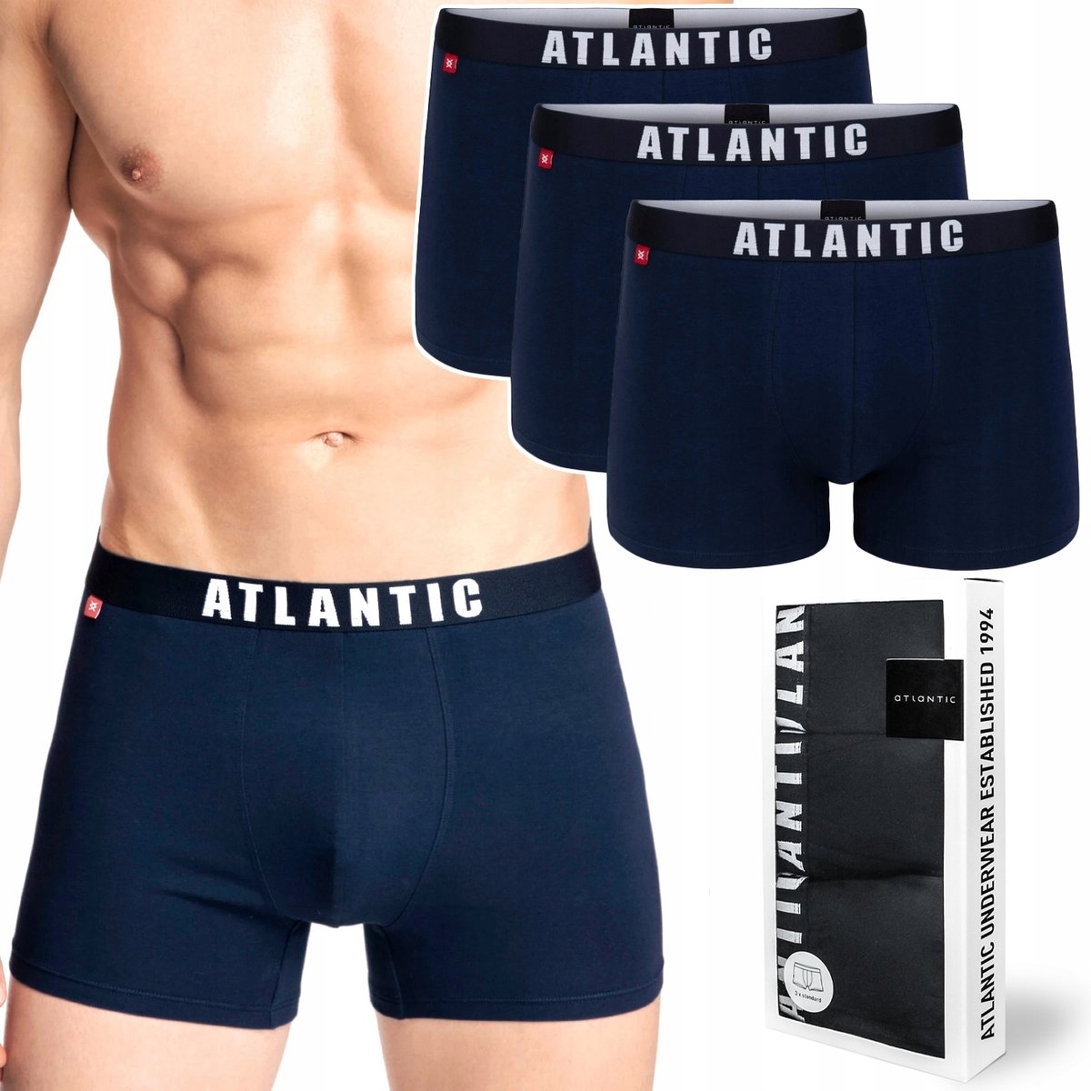Bokserki męskie 3-PAK dopasowane szorty ATLANTIC 3MH-011 granat - XXL