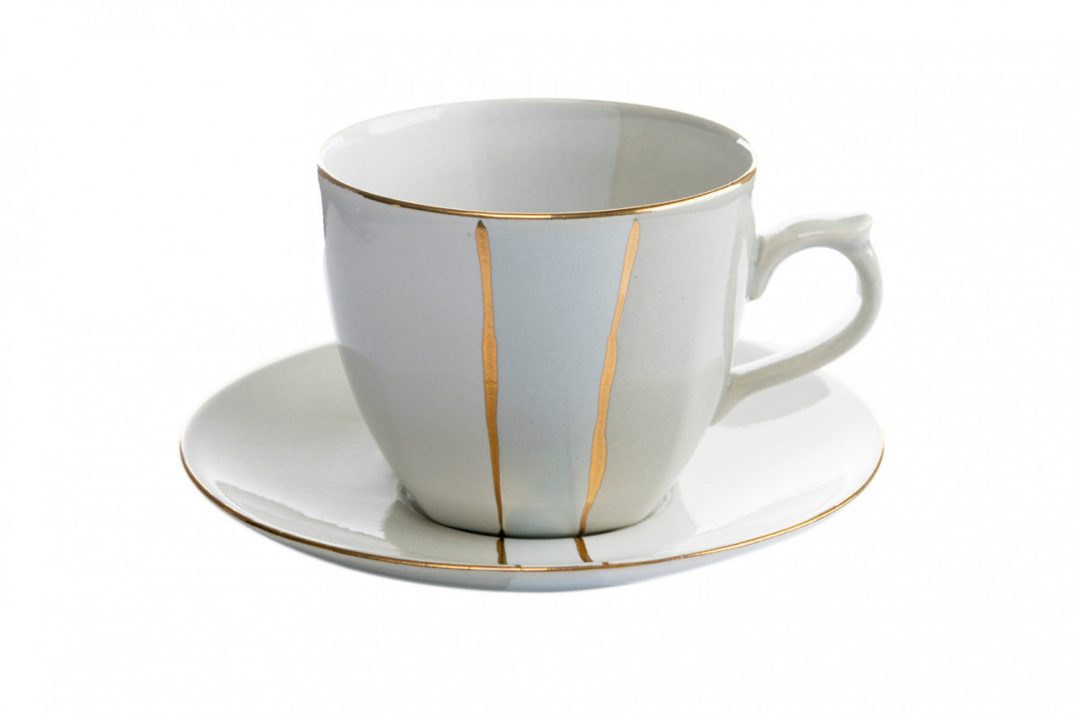 Filiżanka ze spodkiem biało szara Trio Mieroszów