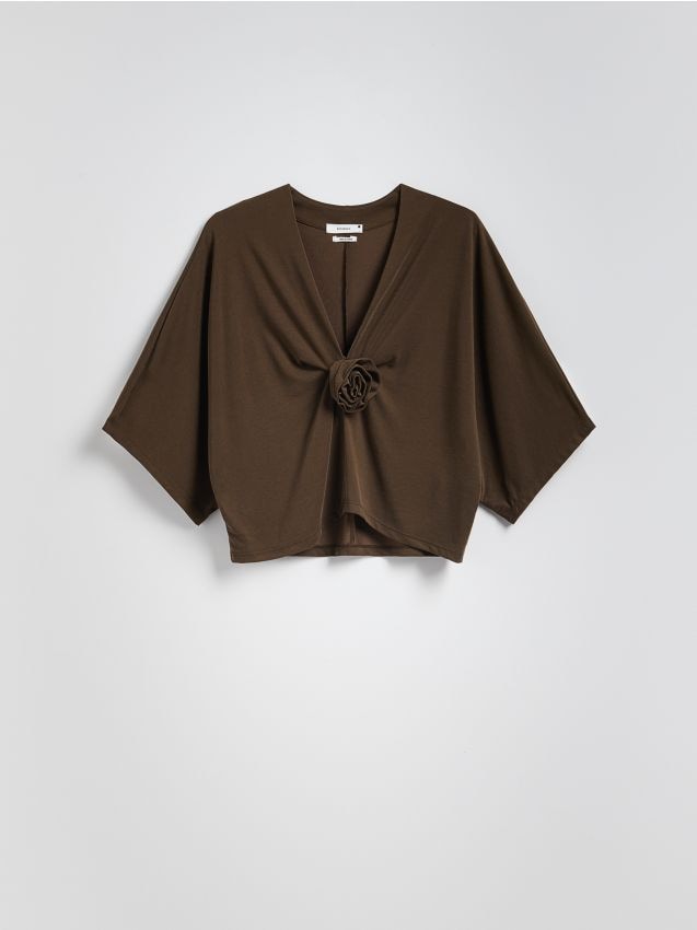 Reserved - Bluzka kimono z modalem - brązowy