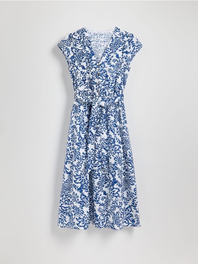 Reserved - Bawełniana sukienka midi z paskiem - granatowy