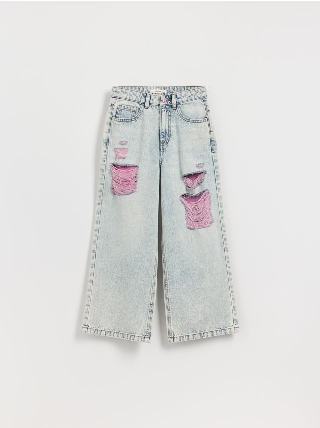 Reserved - Jeansy wide leg z przetarciami - niebieski