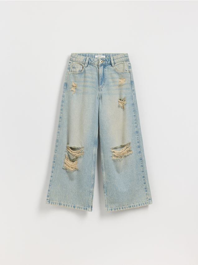 Reserved - Jeansy super wide leg z przetarciami - niebieski
