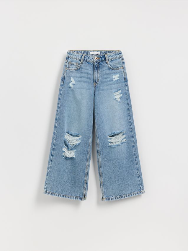 Reserved - Jeansy super wide leg z przetarciami - niebieski