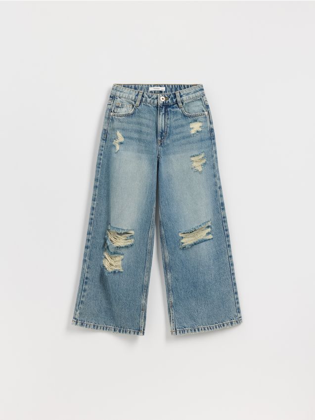 Reserved - Jeansy super wide leg z przetarciami - indigo jeans