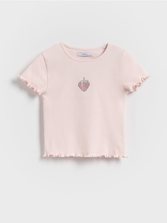 Reserved - Prążkowany t-shirt z aplikacją - pastelowy róż