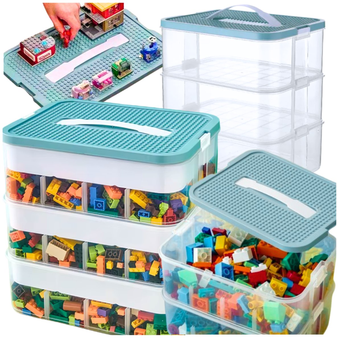 Pojemnik 3-warstwowy na klocki organizer z przegródkami 3 piętrowy kuferek