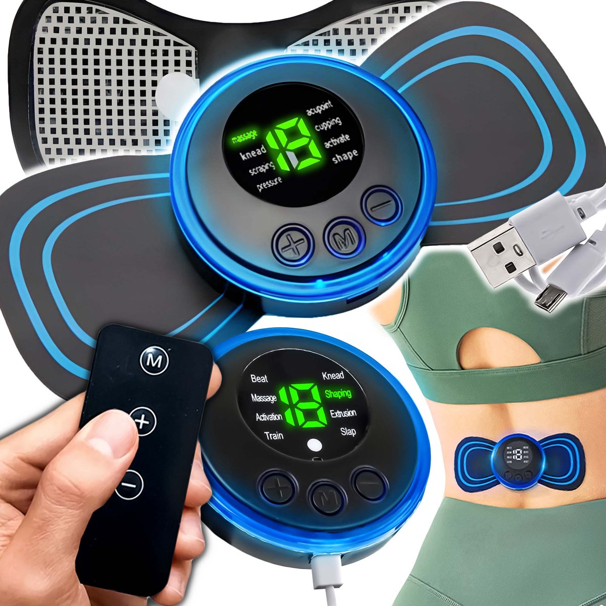 Renew force masażer elektrostymulator szyi karku mięśni brzucha ems 8 trybów usb pilot fe-2000