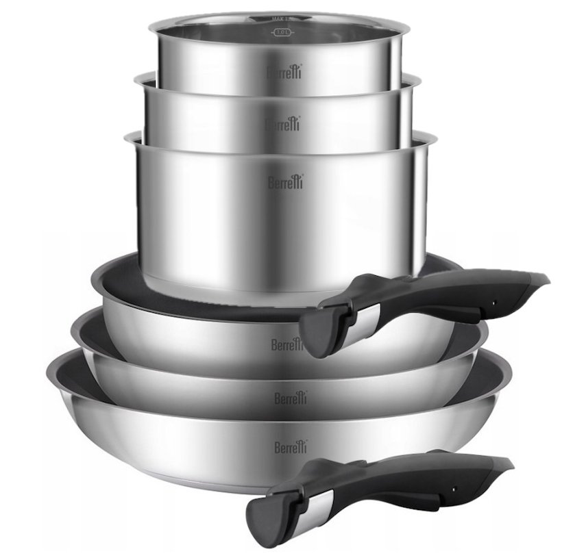 BERRETTI COMODO - Zestaw garnków 16/18/20 cm i patelni 20/24/28 cm z odpinanymi uchwytami