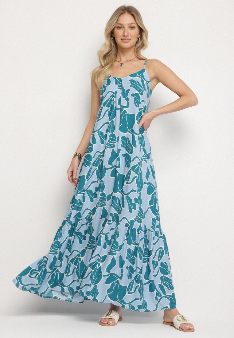 Niebieska Rozkloszowana Sukienka na Ramiączkach z Wiskozowej Tkaniny w Kwiaty Sepelvia