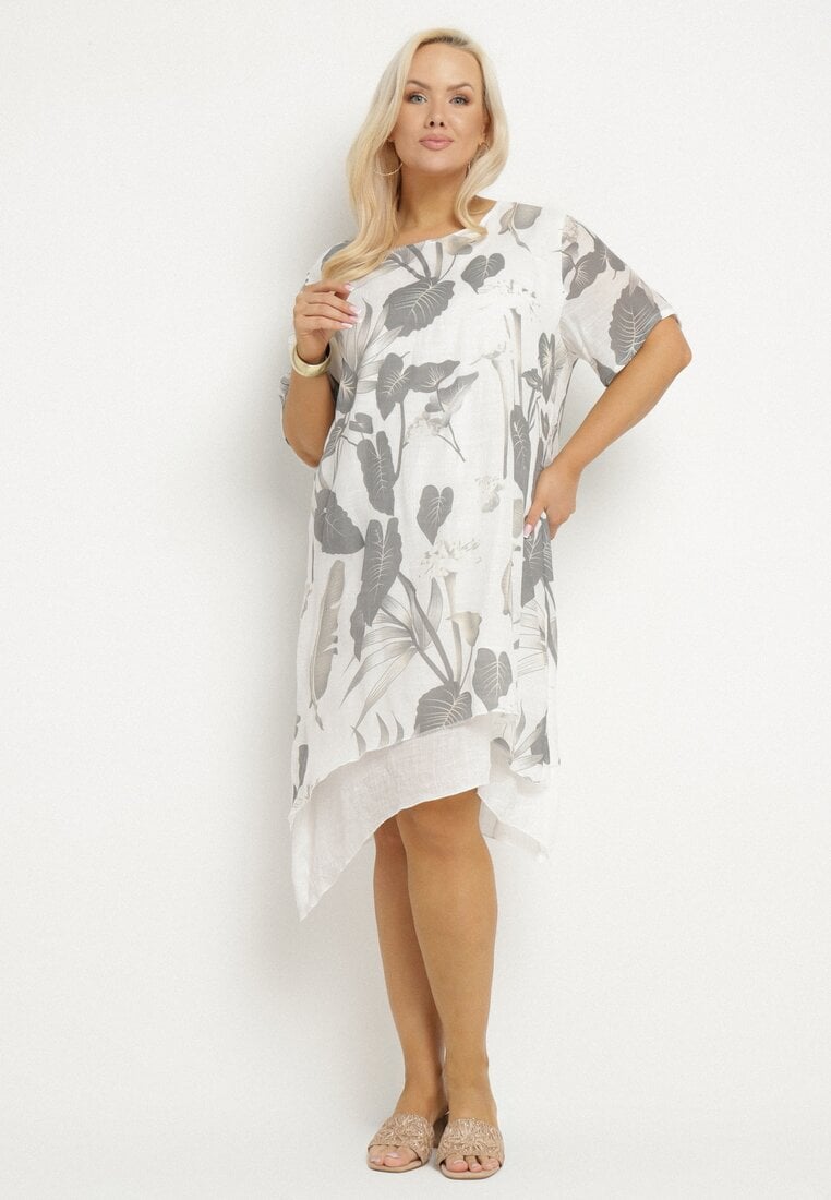 Jasnoszara Sukienka w Kwiaty z Bawełnianą Podszewką Mailionis