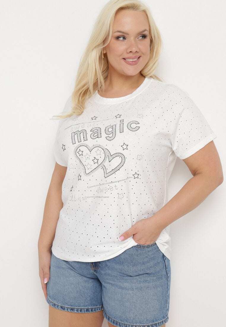 Biały T-shirt Ażurowy z Ozdobnymi Cyrkoniami Cevola
