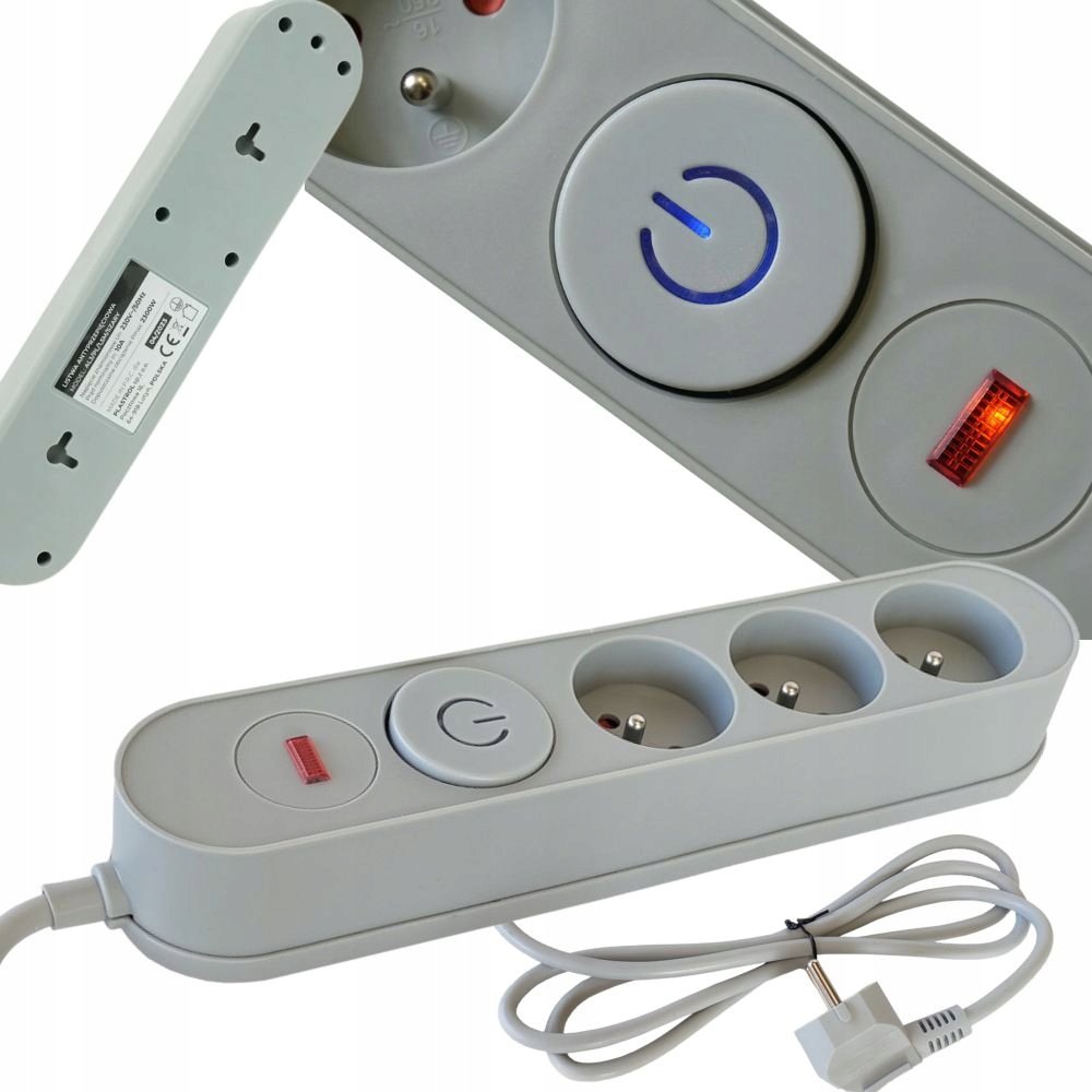 PRZEDŁUŻACZ kabel 3M 3 gniazda UZIEMIENIE listwa zasilająca z włącznikiem