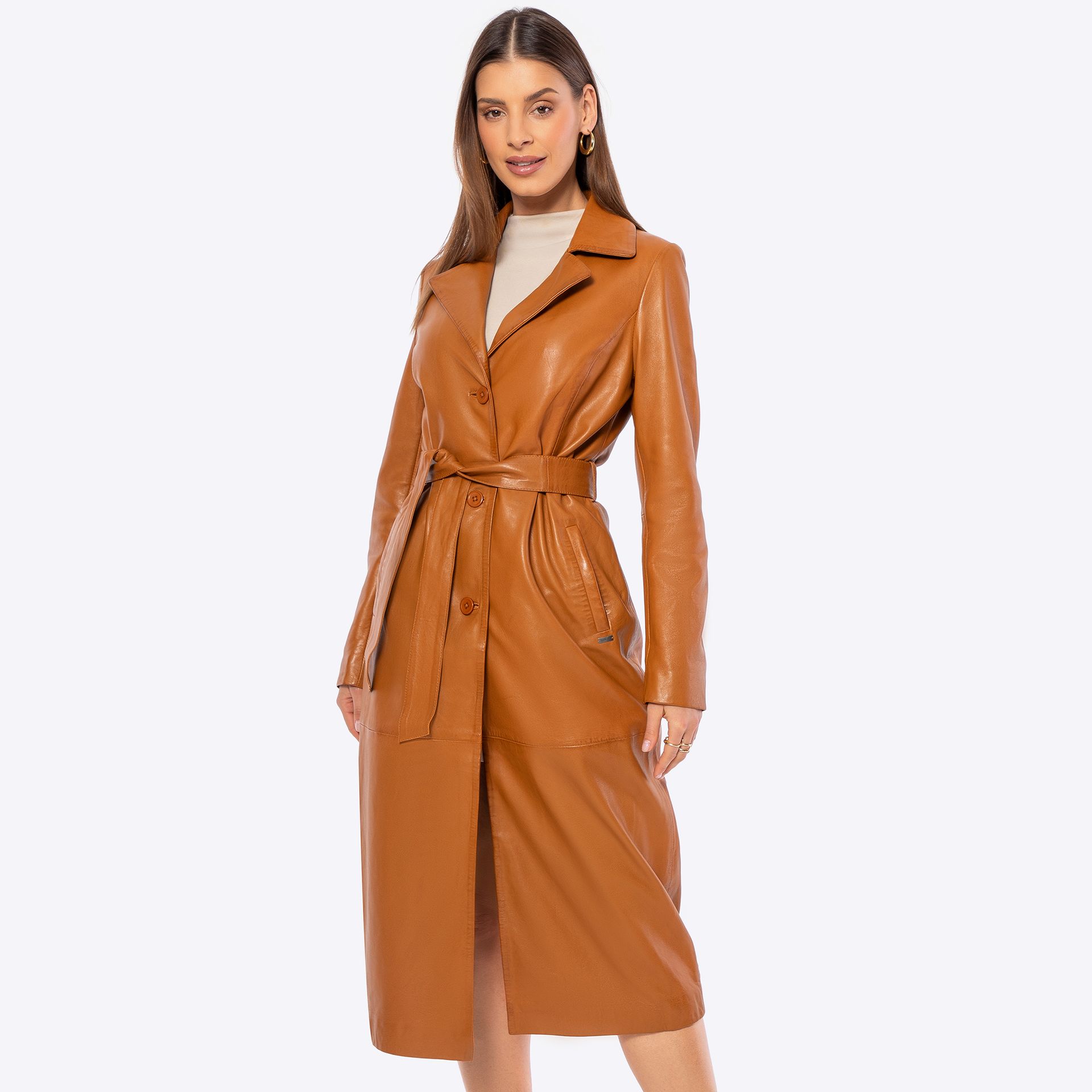 Damski płaszcz ze skóry owczej długi brązowy