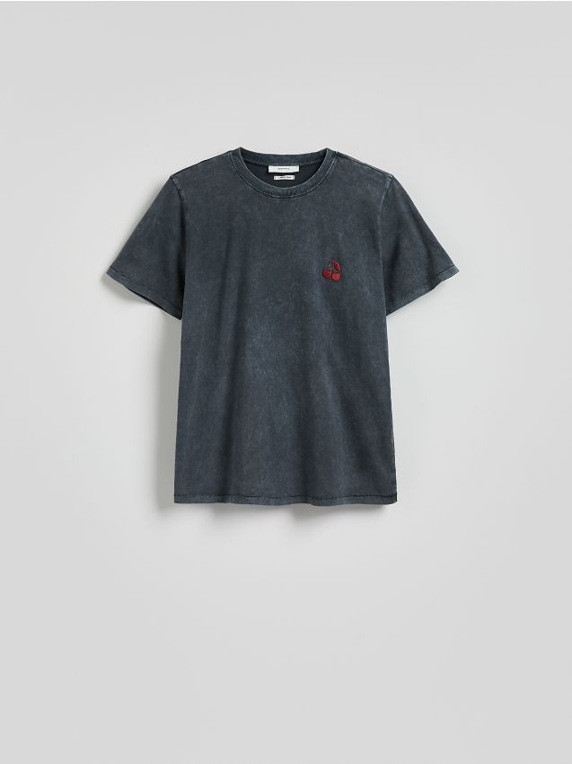 Reserved - T-shirt z drobnym haftem - ciemnoszary