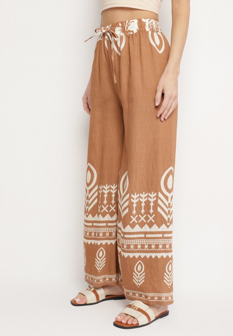 Brązowe Wiskozowe Spodnie o Szerokim Kroju z Etnicznym Wzorem Mileldi