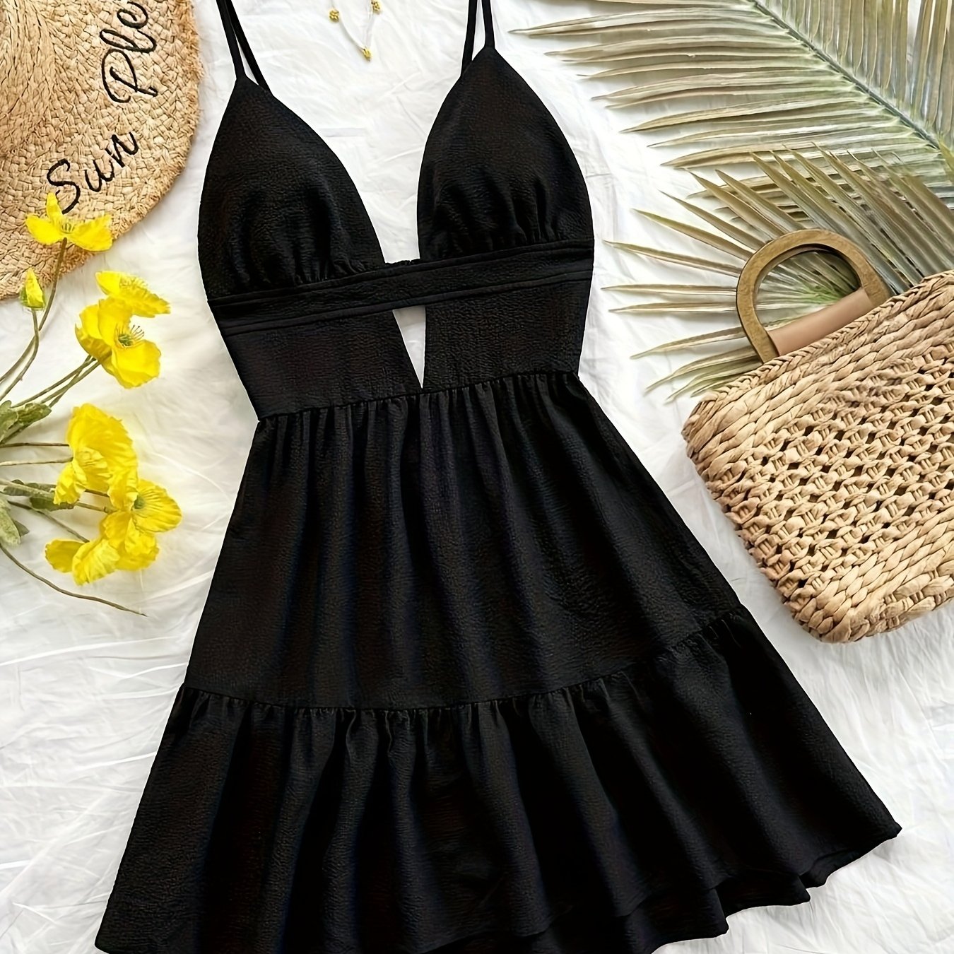 TEMU Wakacyjna Casualowa Sukienka Skate z Dekoltem w Serek i Odkrytymi Plecami w Kolorze Czarnym